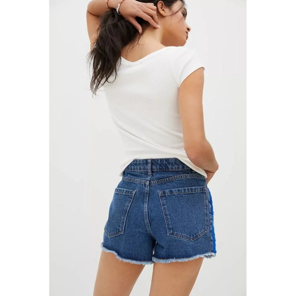 Farm Rio Anthropologie Ultra High Rise Crochet Denim Shorts Patchwork Size 28‎